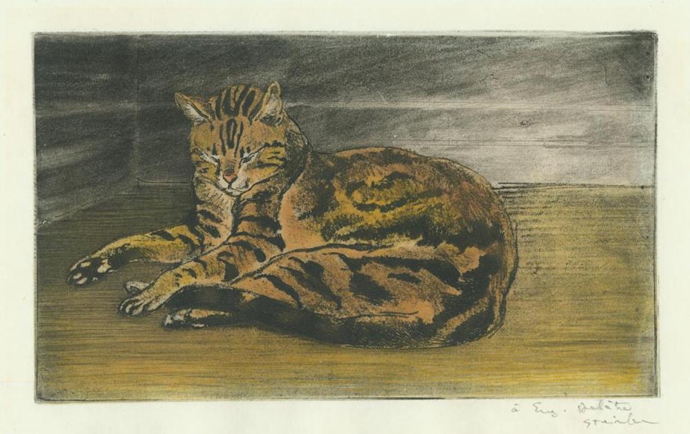 Theophile Alexandre STEINLEN - Chat sur le Plancher - color softground etching - cat laying