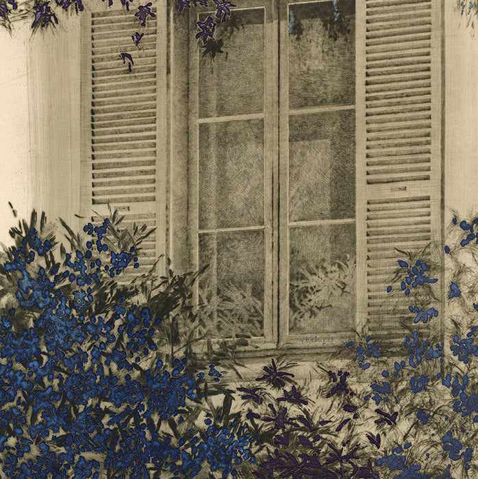 Yannick Ballif - Fenetre d'Ete - window with slatted shade blue flowers - detail