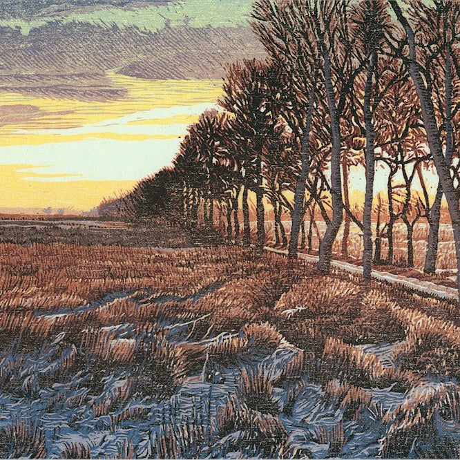 Color woodcut reduction - by DIJKSTRA, Siemen - titled: First Snow on the Murderer's Moor