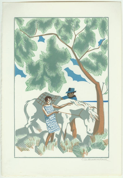 Color woodcut - by HERMANN-PAUL, Rene G. - titled: Le Cheval Blanc