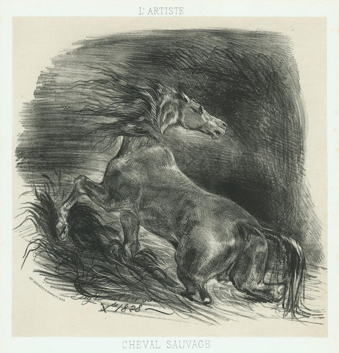 Lithograph - by DELACROIX, Eugene - titled: Cheval Sauvage or Cheval Effrayé Sortant de l'Eau