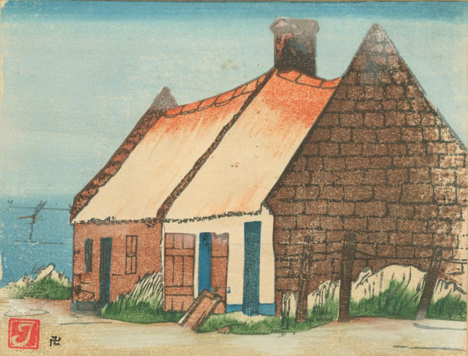 Color woodcut - by ISAAC, Prosper-Alphonse - titled: Audresselles, Pas-de-Calais