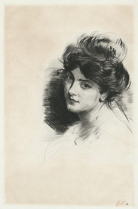Drypoint - by HELLEU, Paul Cesar - titled: Head of a Woman with a Bun