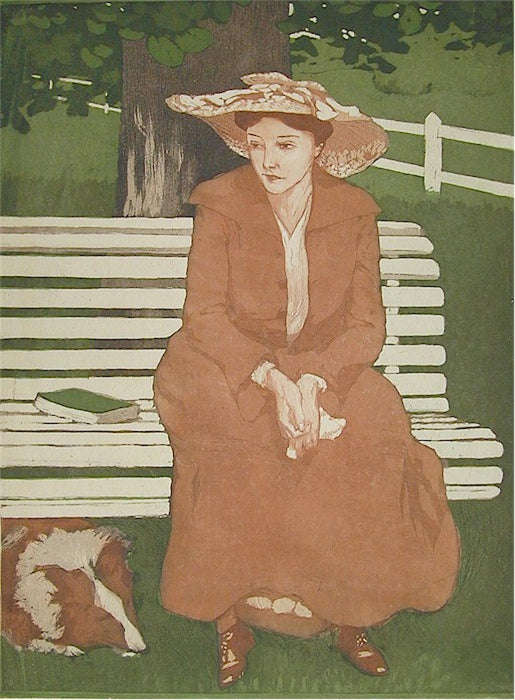 Color aquatint and etching - by DU GARDIER, Raoul - titled: [Femme assise sur un banc]