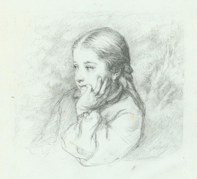 Pencil drawing - by DESBOUTIN, Marcellin - titled: Bust of Marie Desboutin, Daughter of the Artist, Seated Outside