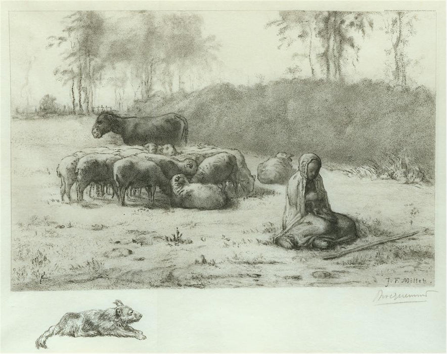 Etching - by BRACQUEMOND, Felix - titled: Young Shepherdess