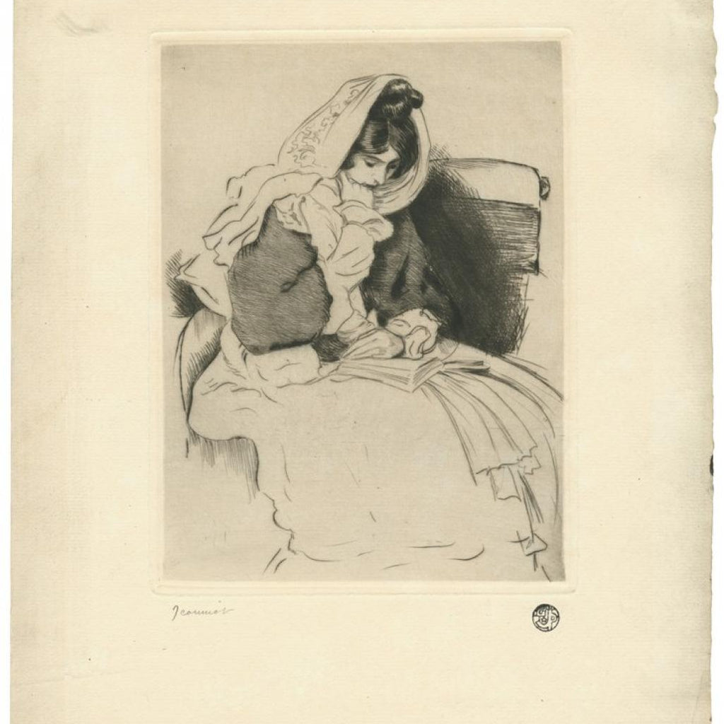 Pierre-Georges Jeanniot - etching woman reading - foulard voile mantille scarf