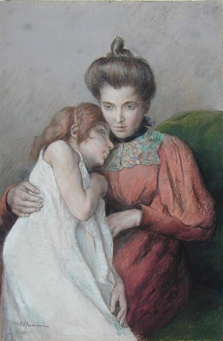 Pastel, pencil and watercolor - by MAURIN, Charles - titled: Mere et Enfant