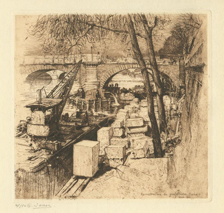 Etching - by JOUAS, Charles - titled: Reconstruction of the Notre-Dame Bridge, May 1911
