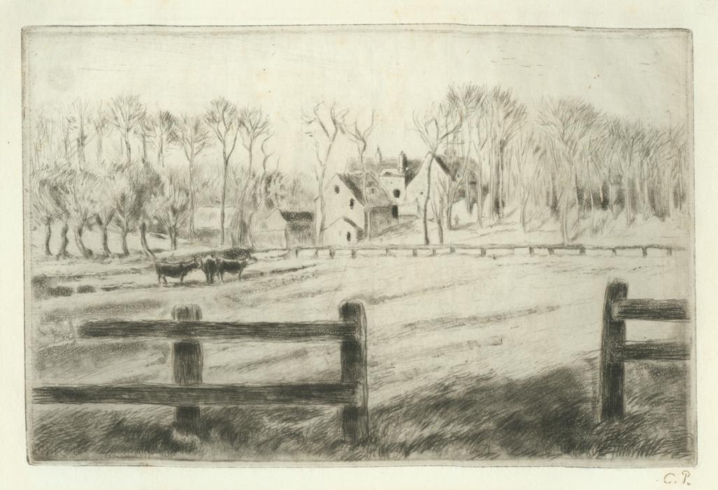 Etching - by PISSARRO, Camille - titled: Prairie and Mill in Osny