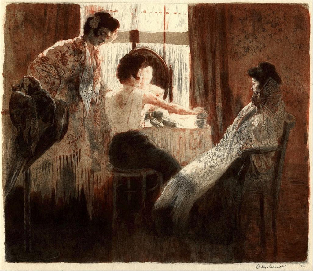 original color lithograph by Alexandre Lunois, an images of flamenco dancers getting dressed and made up