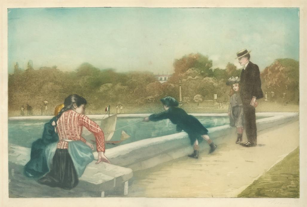 Color aquatint and etching - by MAURIN, Charles - titled: Les Petits Bateaux au Luxembourg