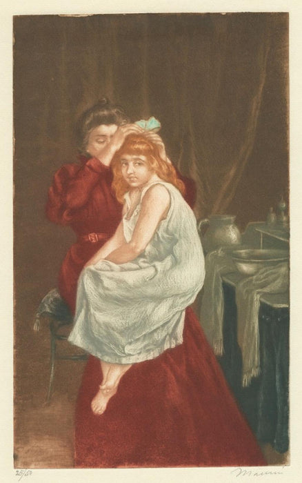 Color aquatint and etching - by MAURIN, Charles - titled: Le Ruban de Coiffure
