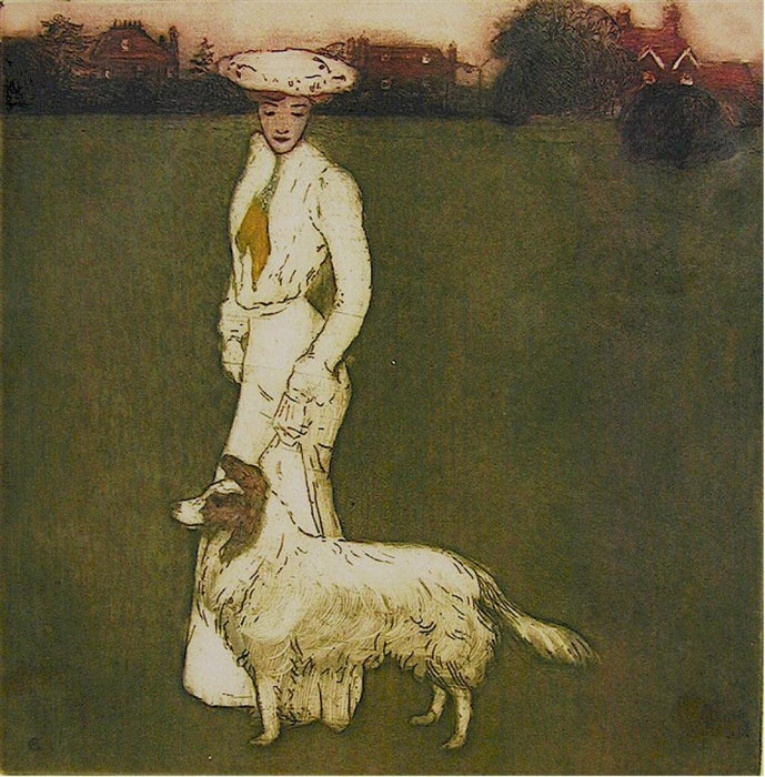 Color etching and aquatint - by DU GARDIER, Raoul - titled: Elegante et son chien