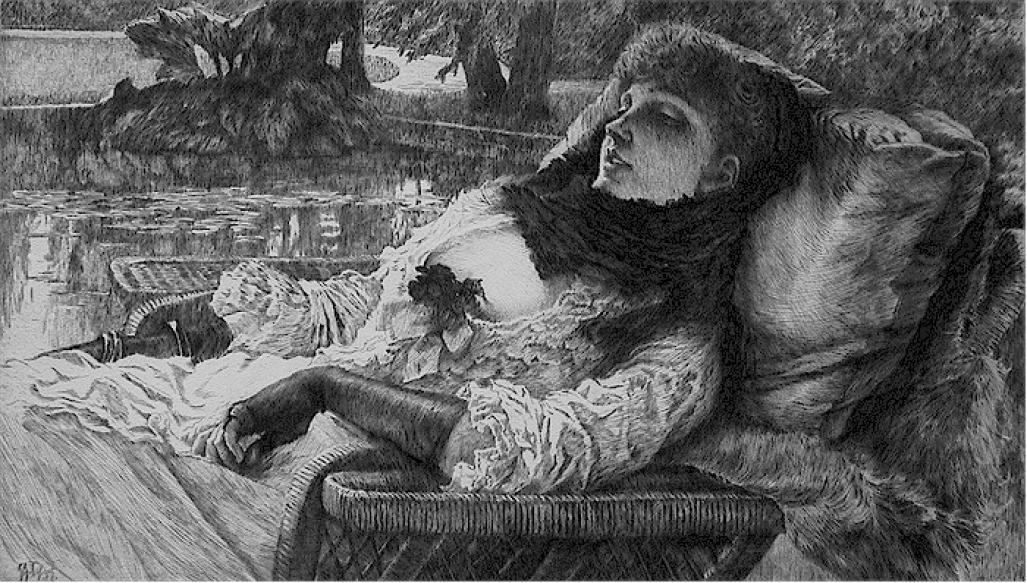 James Jacque Tissot - Soirree d'Ete - elegant woman lounging - etching and drypoint