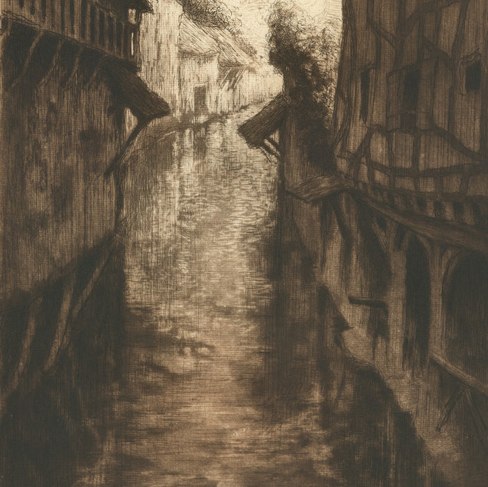Etching, drypoint and aquatint - by MULLER, Alfredo - titled: Viosne River in Pontoise (brown)