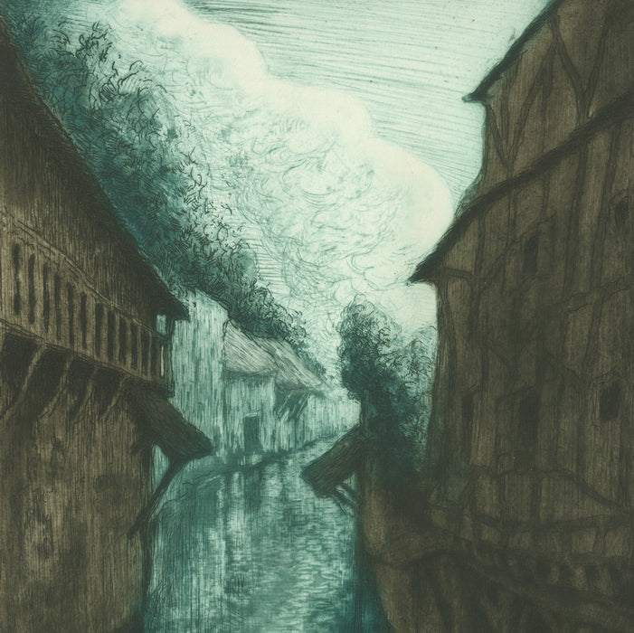 Etching, drypoint and aquatint - by MULLER, Alfredo - titled: Viosne River in Pontoise (contrasted)