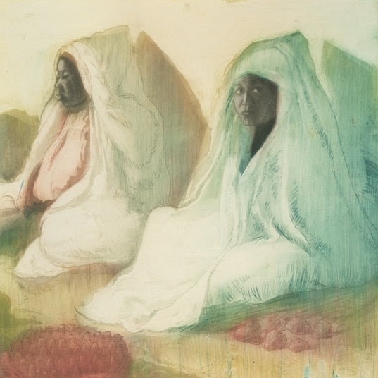 Color aquatint and etching - by McCLELLAN POTTER, Louis - titled: Three Women at the Market in Tunis (Tunisia)