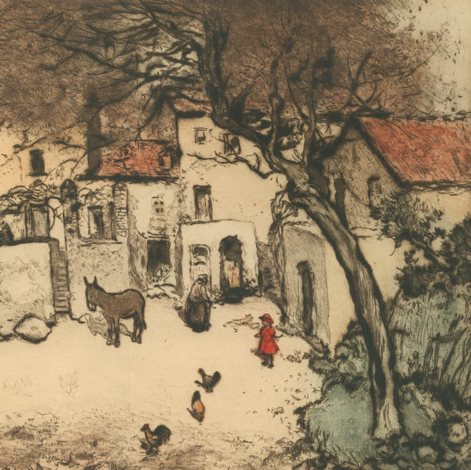 Color etching and drypoint - by RAFFAELLI, Jean-Francois - titled: The Town Square at Cagnes